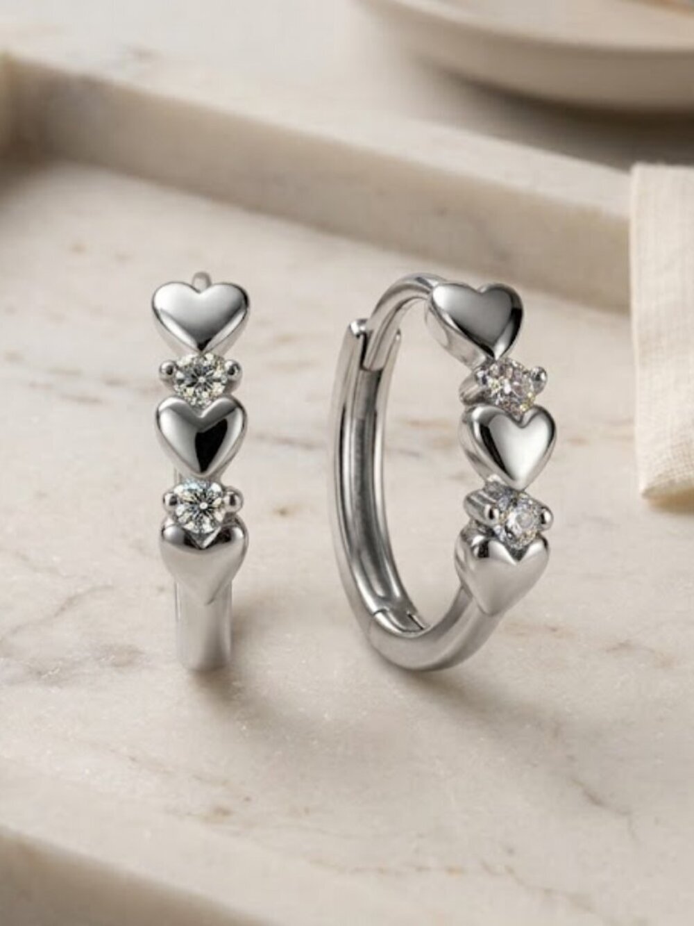 S925 Sterling Silver Heart Hoop Earrings Girls Dainty CZ Minimalist 0.5"